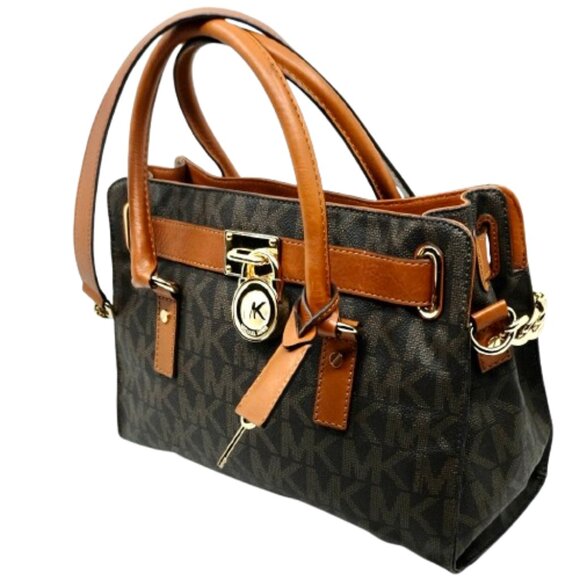 MICHAEL KORS~Hamilton~SIGNATURE LOGO SATCHEL BAG w/GOLD LOCK & KEY Like New - Picture 3 of 6